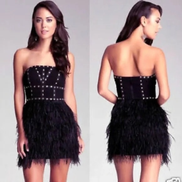 BEBE 'Isis' Black Feather Silver Studded Strapless Mini Dress SIZE: XS - Picture 3 of 8